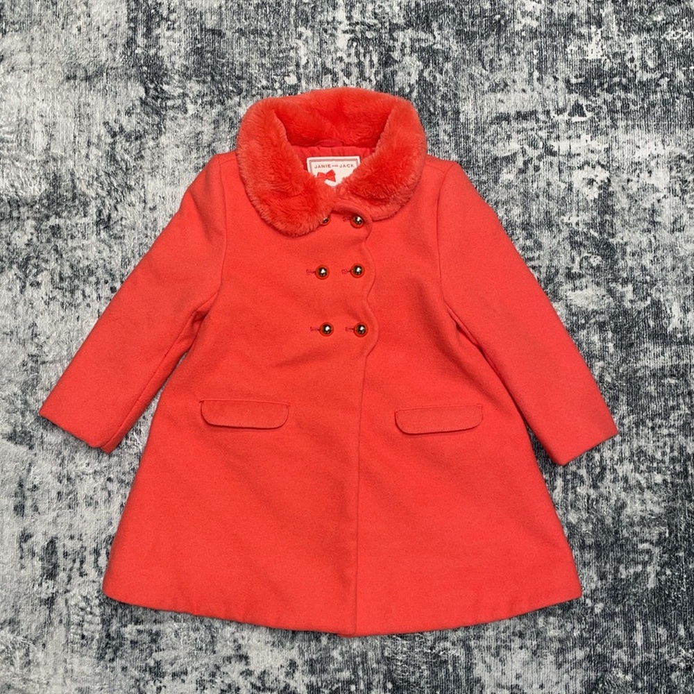Janie and Jack Coral Coat Jacket Faux Fur Collar & Gold Buttons - 2T